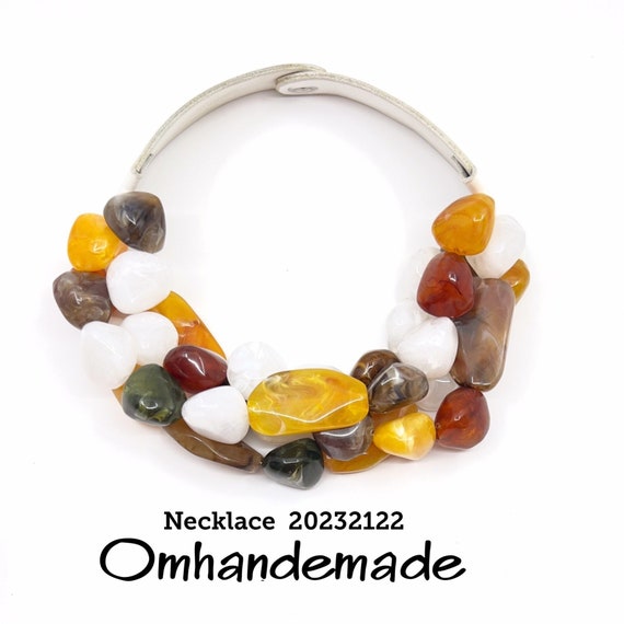 20232122 Yellow brown white and green necklace, bib necklace choker, beaded layered multistrand necklace