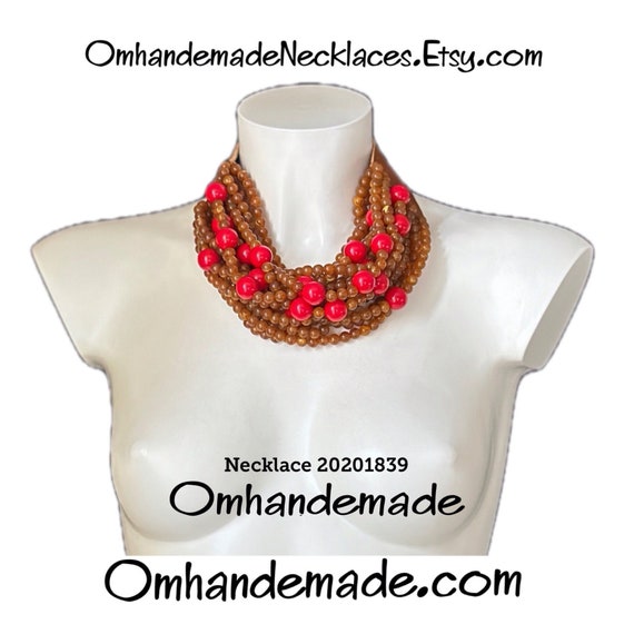 20201839 Brown and Red Necklace Choker Bib Necklace Multi Strand Necklace Layers Beaded Leather Collar Statement Necklace for Her