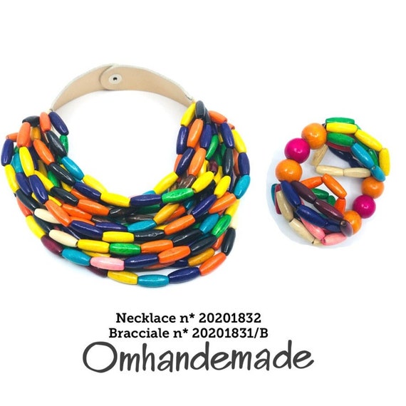 20201832 colored necklace, necklace with bracelet, wooden bib necklace multistrand choker necklace layers leather collar, colored wood