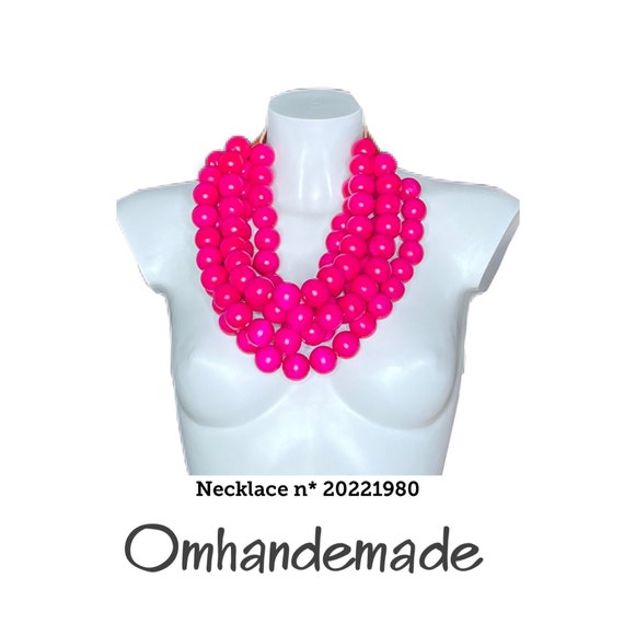 20221980 Fuchsia necklace large fuchsia wooden beads necklace, multi-strand beaded layered necklace, large wooden necklace bib necklace