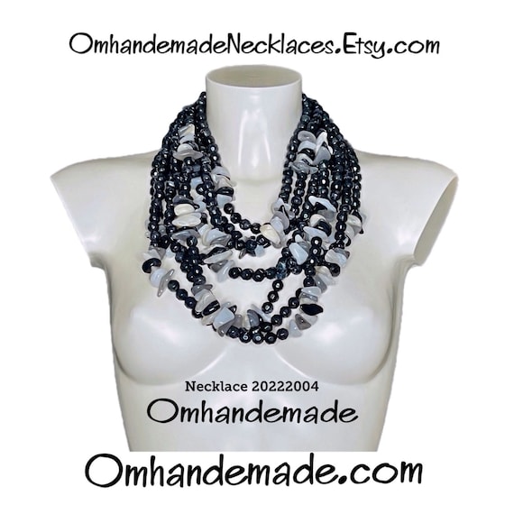 20222004 White gray cream black necklace, bib necklace, multi strand necklace, layered necklace, statement necklace beaded necklace