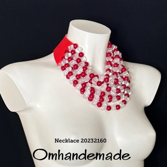 20232160 Clear and Red Necklace Multistrand Layered Necklace Chunky Necklace Leather Strap Collar Necklace Statement Necklace
