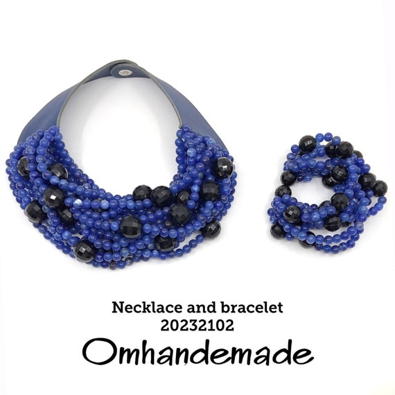 20232102 blue and black necklace bib necklace bracelet necklace multi strand necklace layers beaded statement necklace for her