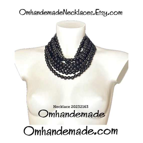 20232163 Black Necklace Layered Beaded Choker Necklace Multistrand Resin Necklace Leather Backing Necklace Statement Necklace