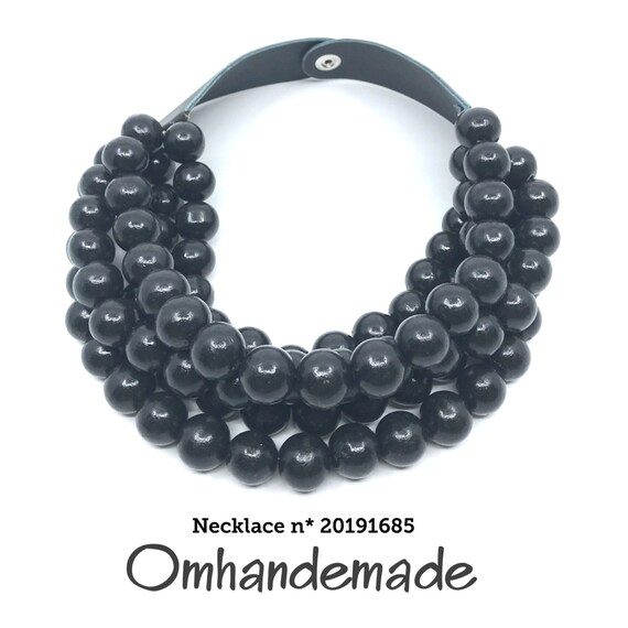 20191685 Black necklace black wood necklace, bib necklace multistrand layered relief necklace, chunky necklace maxi necklaces for her