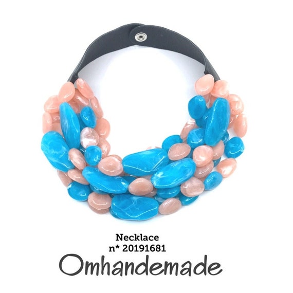 20191681 Salmon Turquoise Necklace, Bib Necklace, Beaded Layered Multistrand Maxi Choker Necklace, Statement Necklace