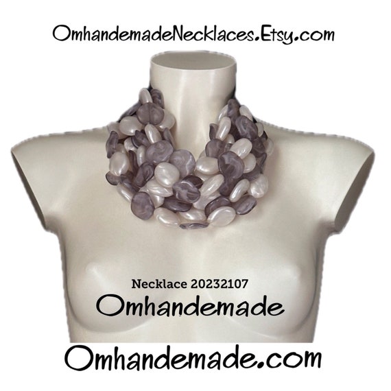 20232107 Gray and White Necklace Maxi Necklace Bib Necklace Multistrand Necklace Layered Necklace Relief Statement Necklace