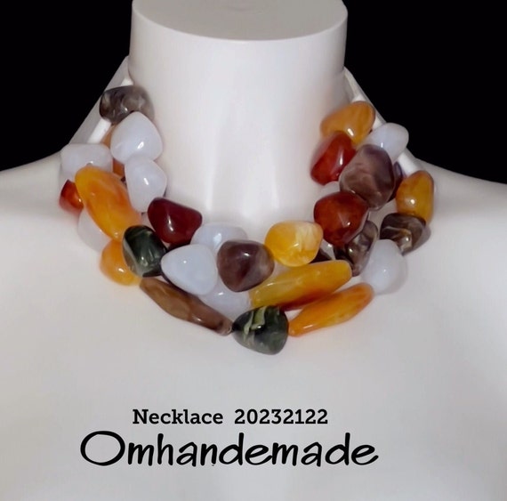 20232122 Yellow brown white and green necklace, bib necklace, choker necklace, multi-strand layered relief necklace