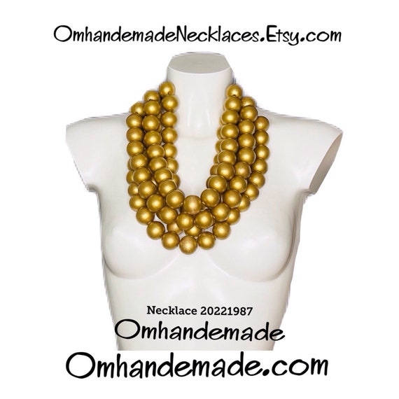 20221987 Golden necklace bib necklace large wooden pearls multi-strand necklace layered necklace relief necklace, large necklace wooden necklace