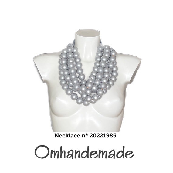 20221985 Necklace large silver wooden beads leather collar multi-strand necklace embossed layers large necklace silver wooden bib necklace