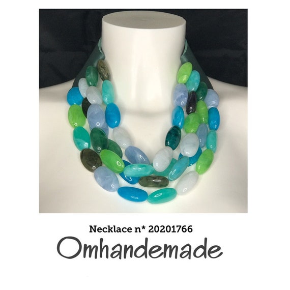 20201766 necklace light blue white teal lime green topaz olive teal multistrand layered necklace beaded bib necklace