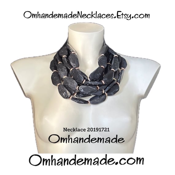 20191721 Black Necklace Maxi Choker Bib Necklace, Multi Strand Layered Beaded Necklace with Leather Straps Statement Necklace