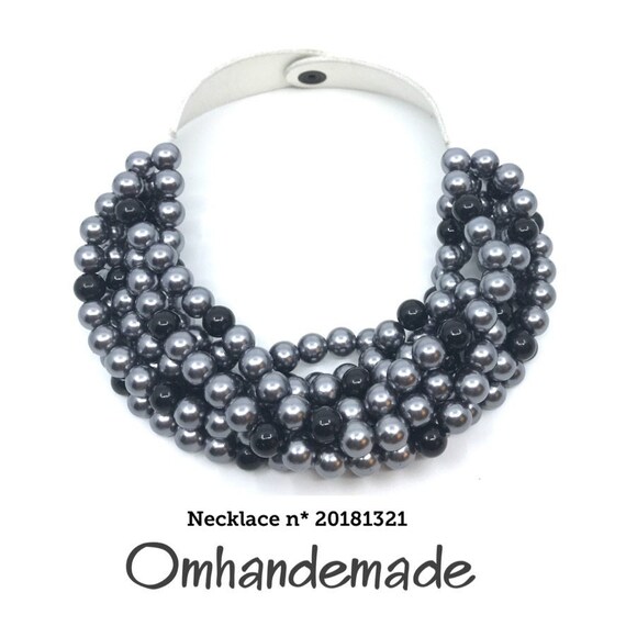 20181321 silver and black necklace, silver necklace multistrand layered relief necklace, bib choker necklace by OMHANDEMADE for her