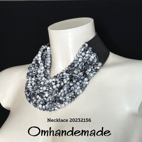 20232156 Black and White Zebra Necklace Bib Necklace Maxi Necklace Multistrand Choker Necklace Layered Relief Statement Necklace