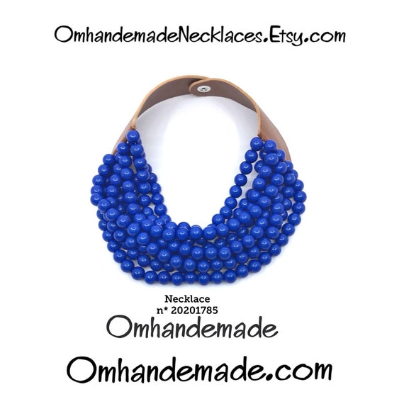 20201785 royal blue necklace, electric blue layered multi-strand choker necklace in resin and leather bib necklace gift idea for her