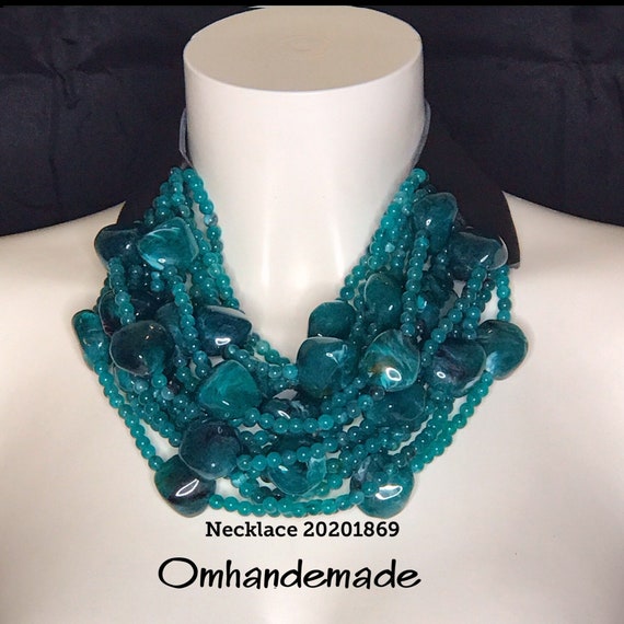 20201869 Teal necklace, multistrand choker necklace layers embossed closure collar leather bib necklace, women statement necklace