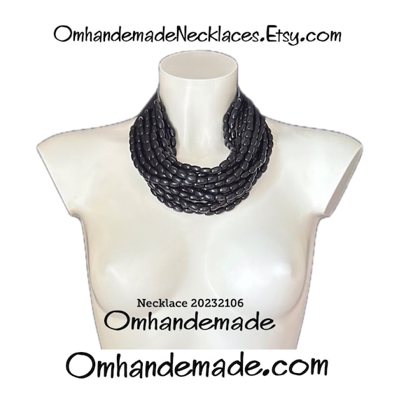 20232106 Black necklace, black wood necklace, multi-strand choker bib necklace layers relief necklaces leather braces necklaces for her