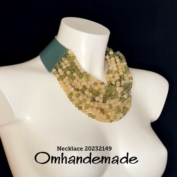 20232149 beige and military green choker necklace multi-strand necklace layered necklace beaded necklace statement necklace