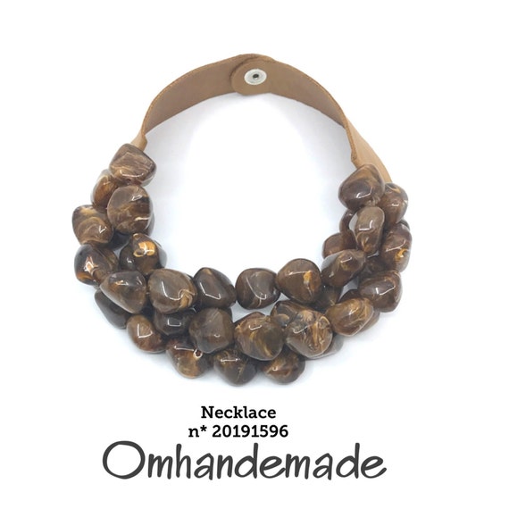 20191596 Bib necklace brown necklace stone necklace in resin and leather, thick necklace, multistrand necklace embossed layers maxi necklace