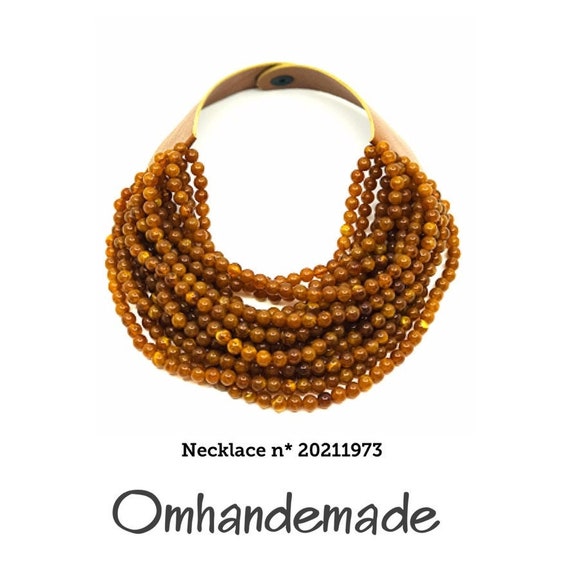 20211973 Biscuit camel-colored choker necklace multi-strand bib necklace beaded layers chunky necklace thick beaded maxi necklace