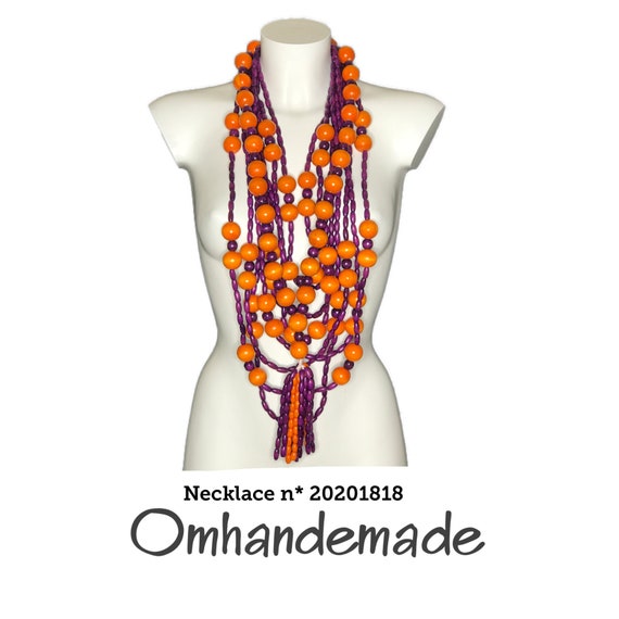 20201818 Collana arancione e viole, collana bavaglino multifilo collana lunga legno, collane boho collana doppia collana rilievo con nappa