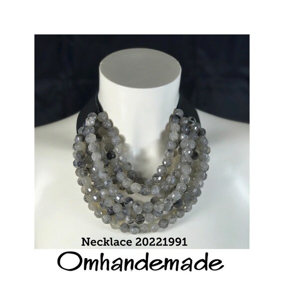 20221991 Gray necklace, multi-strand necklace bib necklace layered necklace beaded necklace Fairchild Baldwin style leather collar necklace