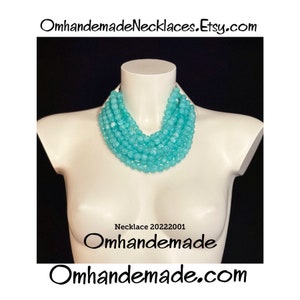 20222001 Aqua green necklace multi-strand layered necklace relief bib necklace maxi necklace with leather collar statement necklace image 8