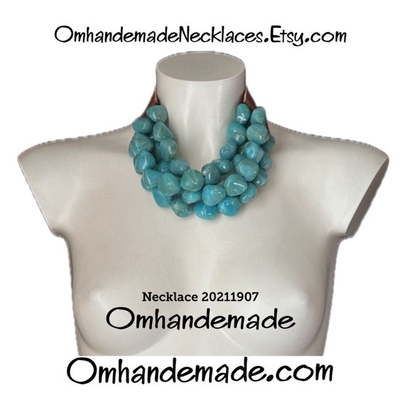 20211907 turquoise necklace chunky necklace stone choker necklace multi-strand necklace in relief layers bib necklace with leather collar