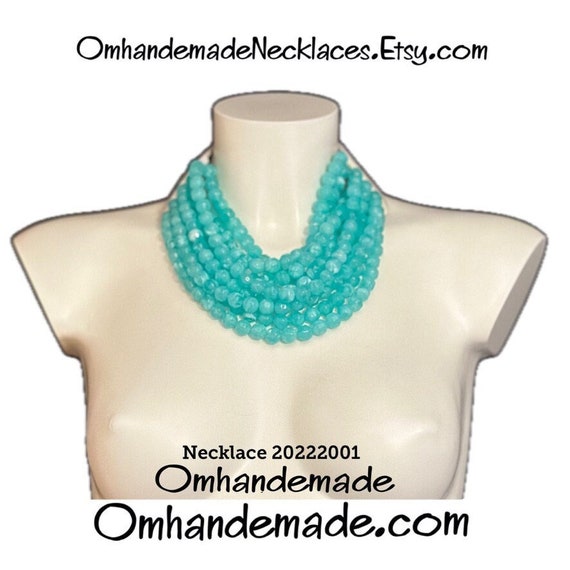 20222001 Aqua green necklace multi-strand layered necklace relief bib necklace maxi necklace with leather collar statement necklace