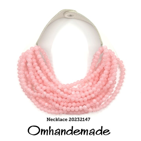 20232147 pink necklace multi-strand layered necklace pink choker necklace imitation quartz 16-strand layered necklace with leather backing
