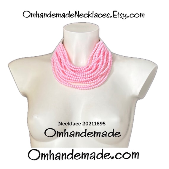 20211895 Pink necklace Pink choker necklace Multi-strand layered necklace Beaded collar necklace with leather clasp Bib necklace