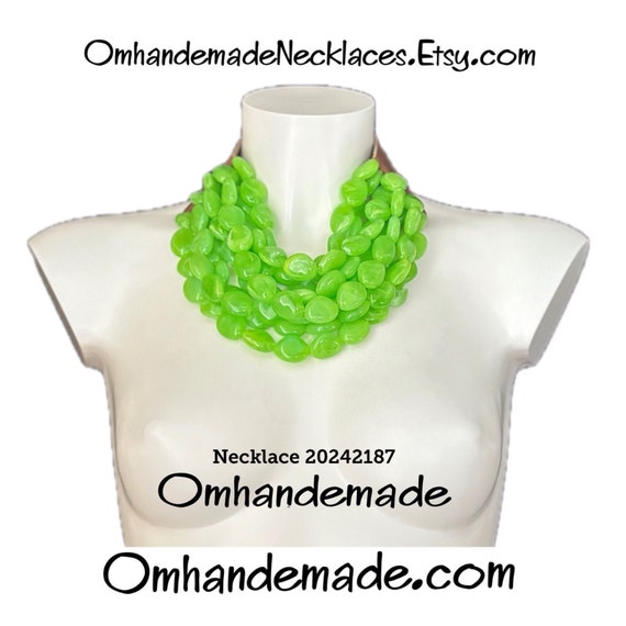 20242187 Lime Green Resin and Leather Collar Necklace Multistrand Layered Necklace Relief Bib Necklace Statement Necklace