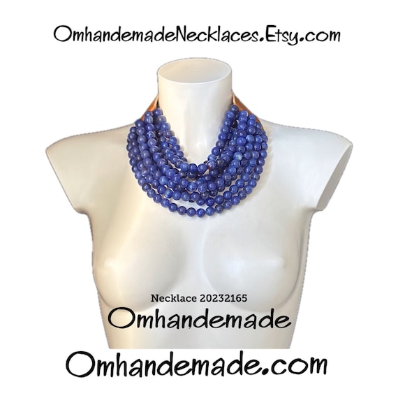 20232165 Blue necklace imitation lapis in resin, multi-strand necklace bib necklace layered necklace relief necklace leather collar necklace