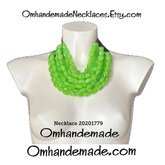 20201779 Acid Green Necklace Lime Green Bib Necklace Multistrand Necklace Layers Beaded Necklace Leather Suspenders Chunky Necklace for Her