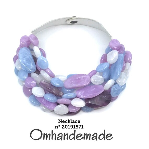 20191571 Lilac white blue purple bib necklace multistrand layered relief necklace, colorful choker necklace gift idea