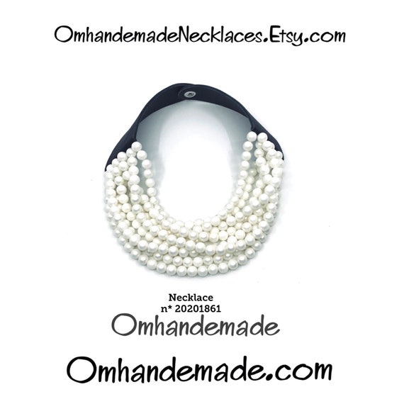 20201861 pearl necklace white necklace, bib choker necklace maxi white pearls, multi-strand layered relief necklace with braces