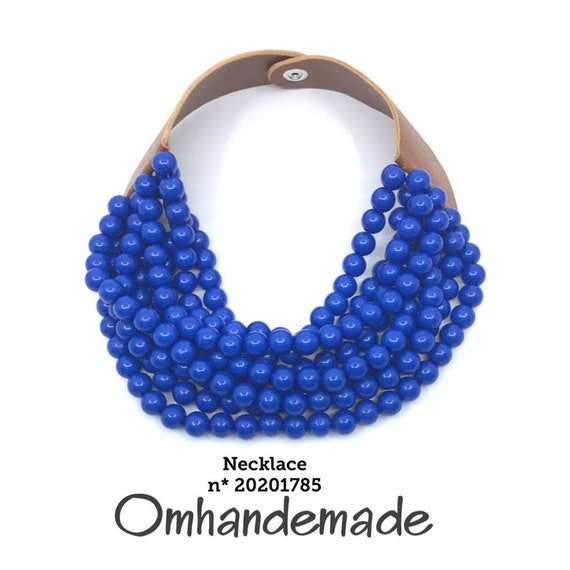 20201785 royal blue necklace, electric blue choker multistrand layered resin and leather bib necklace gift idea for her