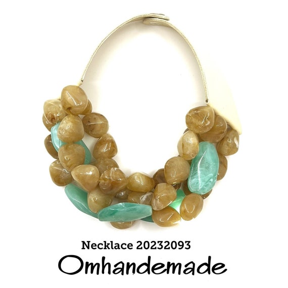 20232093 Beige and teal necklace, stones necklace, multilayer embossed choker bib necklace maxi necklace with leather collar