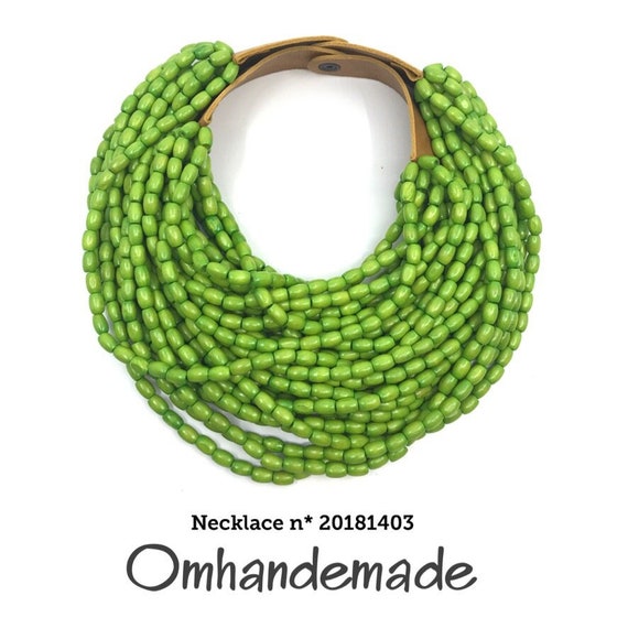 20181403 lime green necklace bib necklace wood necklace multistrand necklace layers beaded necklace double necklace chunky maxi necklace