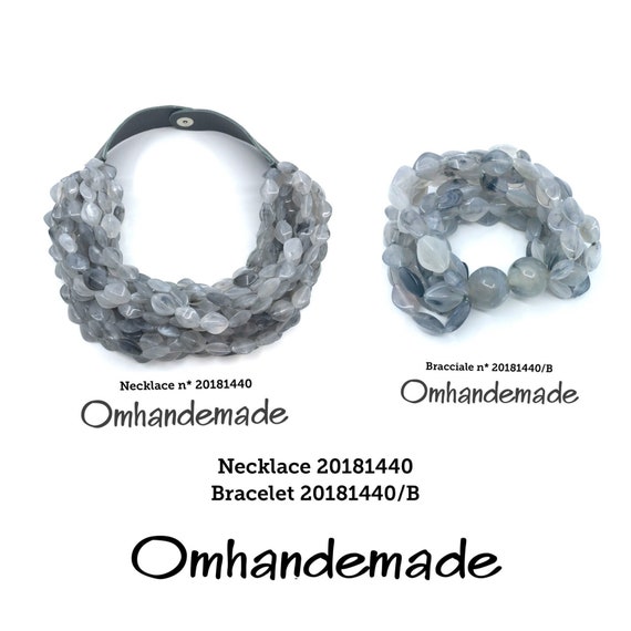 20181440 Collana grigia, collana e bracciale, collana bavaglino, collana multifilo strati rilievo collana perline, collana colletto pelle