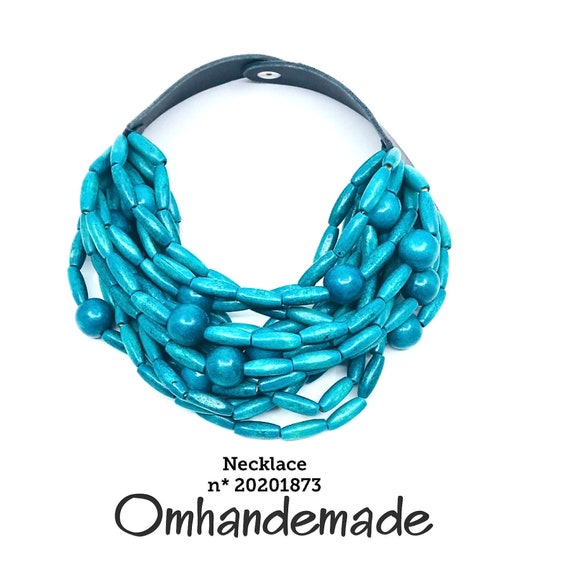 20201873 Turquoise necklace, wooden necklace, bib necklace, multi-strand relief necklace, large oval and round wooden beads, gift idea