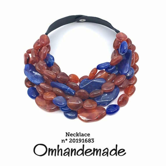 20191683 Brown and blue lapis necklace bib necklace multi strand beaded choker maxi choker, statement necklace