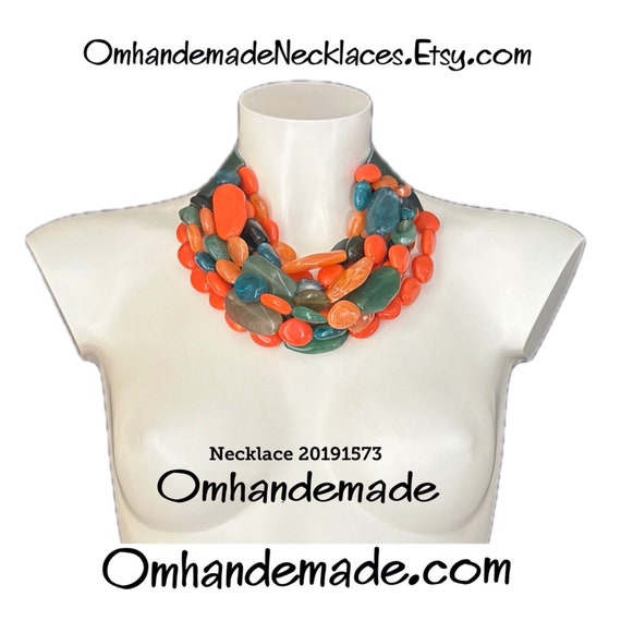 20191573 Bib necklace, salmon teal army green orange necklace, multi strand necklace, layered necklace, relief necklace