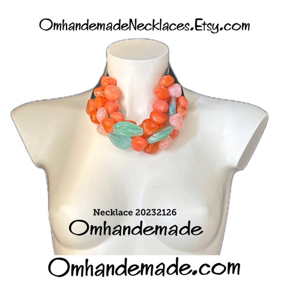20232126 Salmon green orange necklace multi-strand necklace relief layered necklace bib necklace leather necklace maxi necklace