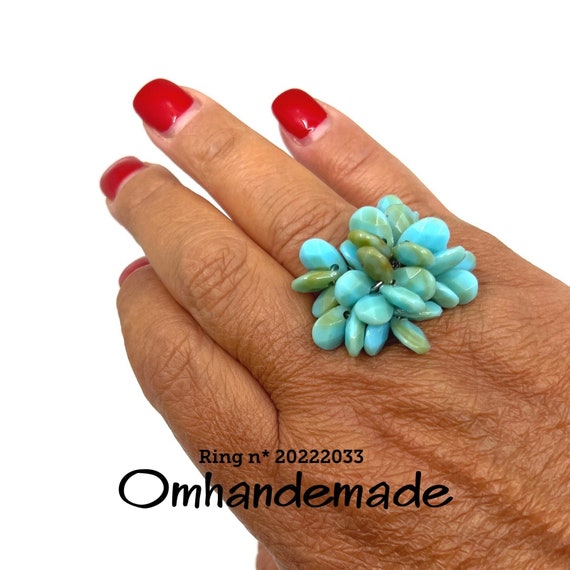 20222033 turquoise ring, ring with turquoise charms, large turquoise steel ring, adjustable pendant ring by Omhandemade