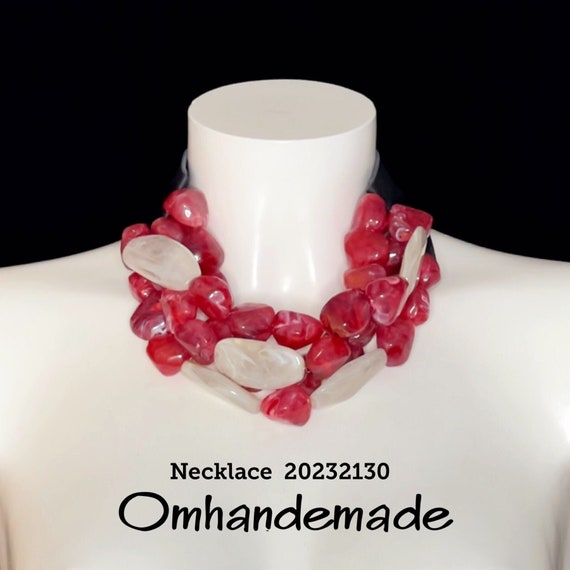 20232130 red and beige maxi necklace, bib necklace, large statement necklace, multi-strand layered necklace with relief collar
