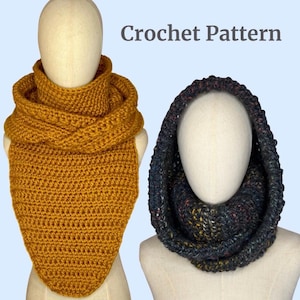 May include: Two crocheted neck warmers, one in a mustard yellow color and the other in a dark blue with flecks of color. The text "Crochet Pattern" is displayed above the neck warmers.
