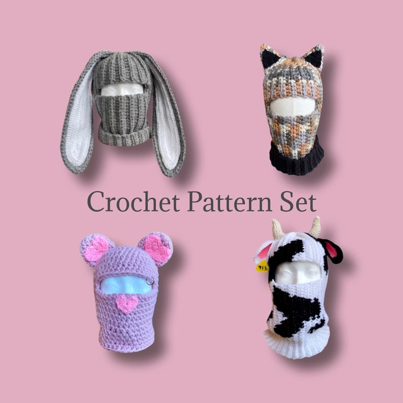 May include: Crochet pattern set featuring four different animal designs: a bunny, a cat, a mouse, and a cow. Each pattern includes a detailed guide for crocheting a hooded hat with animal ears.