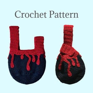 May include: Two crochet bags, one with a U-shaped handle and the other with a knotted handle. Both bags are dark blue with red dripping accents and red handles. The text "Crochet Pattern" is above the bags.