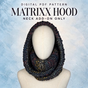 May include: A digital PDF pattern for a Matrixx Hood neck add-on. The hood is made of chunky, multi-coloured yarn in shades of dark blue, black, and yellow, featuring a thick, textured knit construction that drapes around the neck and head.